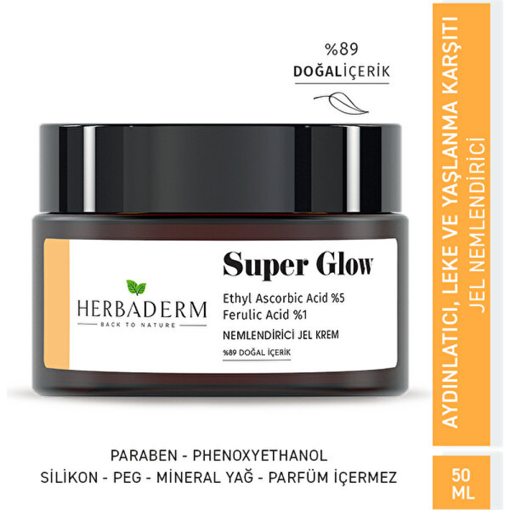 Herbaderm Aydınlatıcı, Leke Oluşumuna Karşı, Cilt Tonu Eşitleyici Nemlendirici Jel Krem SUPER GLOW Ethyl Ascorbic Acid %5 + Ferulik Asit %1 %89 Doğ... Nemlendiriciler Fiyatı