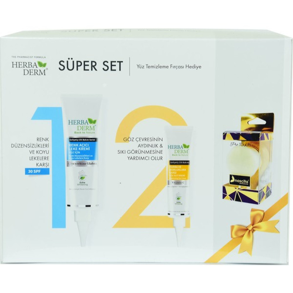 Herbaderm Süper Set Renk Açıcı Leke Kremi 55 Ml+Göz Altı Kremi 15 ml + Yüz Temizleme Fırçası Göz Kremi Fiyatı