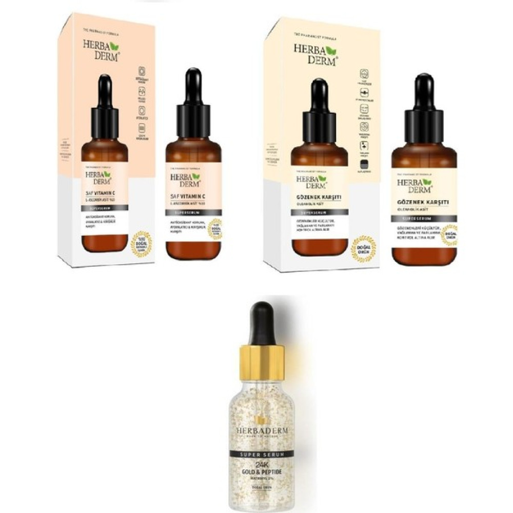 Herbaderm Süperserum 24K Gold Kırşıklık Karşıtı 30ML + Gözenek Karsıtı 30 ml ve Saf Vitamin C 30ML Anti-Aging / Yaşlanma Karşıtı Fiyatı