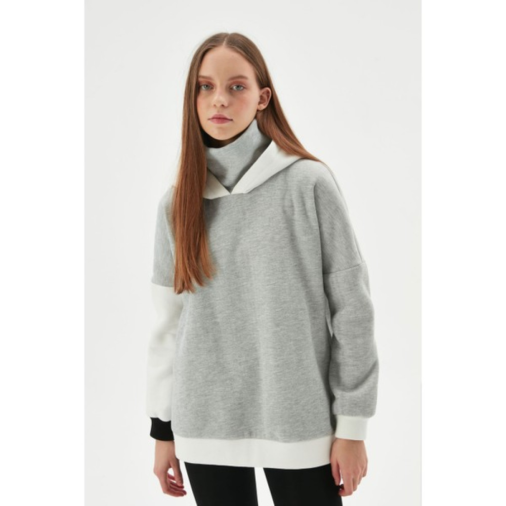 Herita Kadın Gri Beyaz Dik Yakalı Oversize Hoodie Bayan Sweatshirt Fiyatı