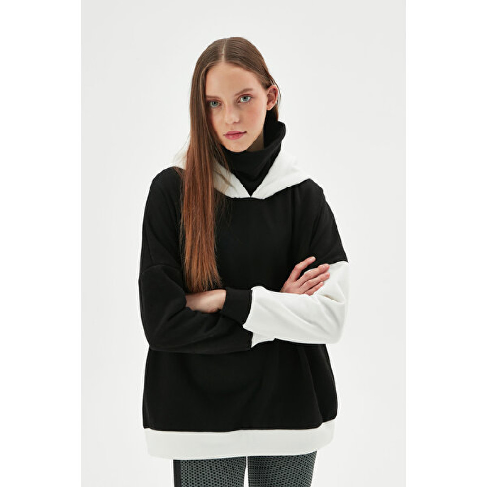 Herita Kadın Siyah Beyaz Dik Yakalı Oversize Hoodie Bayan Sweatshirt Fiyatı