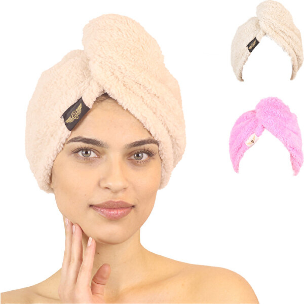 Heriya 2'li Paket Mikrofiber Saç Havlusu – 2 Düğmeli Saç Kurutma Bonesi – Baş Havlusu - 25 x 65 cm - Bej - Pembe Banyo Havlusu Fiyatı
