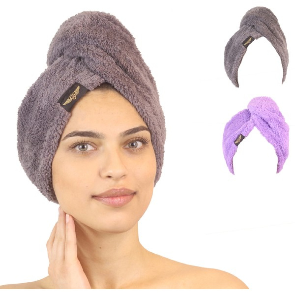 Heriya 2'li Paket Mikrofiber Saç Havlusu – 2 Düğmeli Saç Kurutma Bonesi – Hızlı Kurutma Türbanı - 25 x 65 cm - Gri - Lila Banyo Havlusu Fiyatı