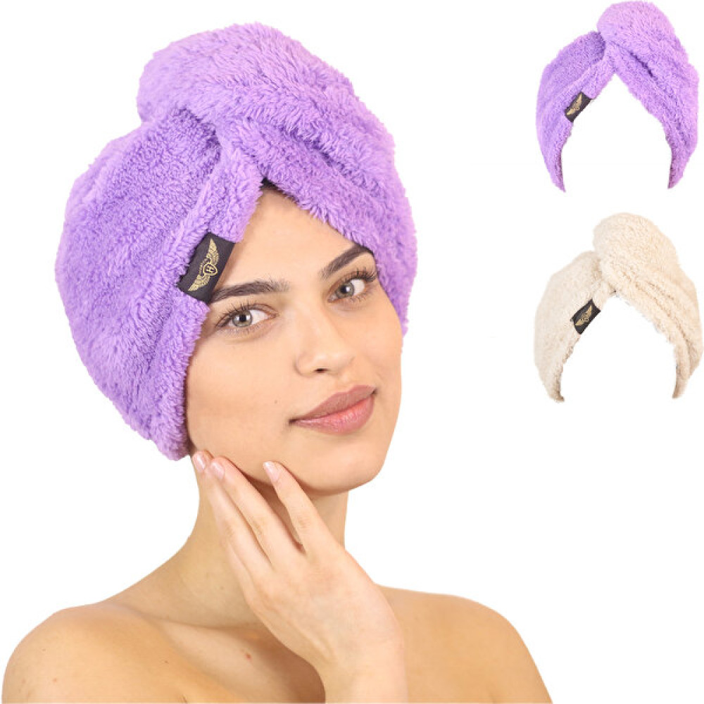 Heriya 2'li Paket Mikrofiber Saç Havlusu – 2 Düğmeli Saç Kurutma Bonesi – Hızlı Kurutma Türbanı - 25 x 65 cm - Lila - Bej Banyo Havlusu Fiyatı