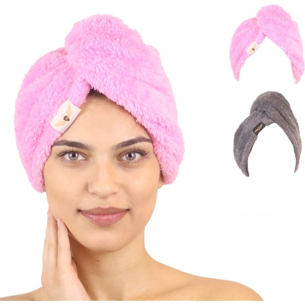 Heriya 2'li Paket Mikrofiber Saç Havlusu – 2 Düğmeli Saç Kurutma Bonesi – Hızlı Kurutma Türbanı - 25 x 65 cm - Pembe - Gri Banyo Havlusu Fiyatı