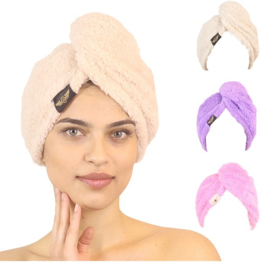Heriya 3'lü Paket Mikrofiber Saç Havlusu – 2 Düğmeli Saç Kurutma Bonesi – Hızlı Kurutma Türbanı - 25 x 65 cm - Bej - Lila - Pembe Banyo Havlusu Fiyatı