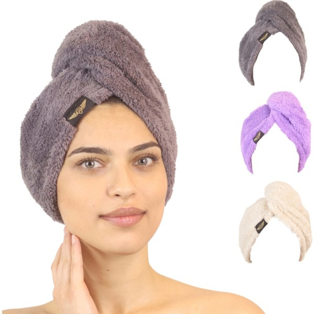 Heriya 3'lü Paket Mikrofiber Saç Havlusu – 2 Düğmeli Saç Kurutma Bonesi – Hızlı Kurutma Türbanı - 25 x 65 cm - Gri - Lila - Bej Banyo Havlusu Fiyatı