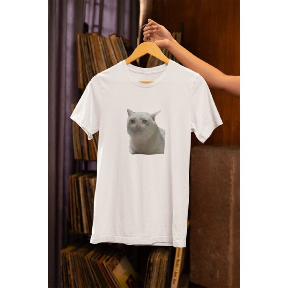 Hermanos Ağlayan Kedi Meme Baskılı Eğlenceli Hediyelik Beyaz Unisex T-Shirt Bayan T-shirt Fiyatı