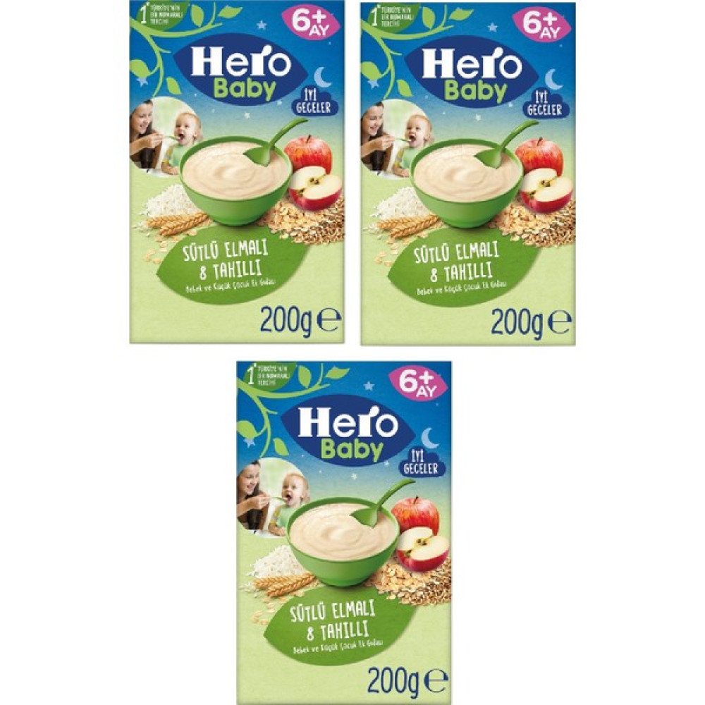 Hero Baby Sütlü 8 Tahıllı Elmalı Kaşık Mama 200 gr x 3 Adet Bebek Mamaları Fiyatı