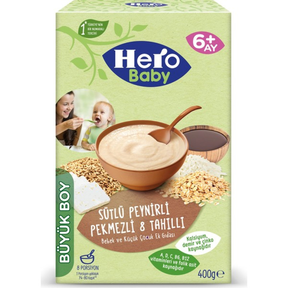 Hero Baby Sütlü 8 Tahıllı Peynirli Pekmezli 400 gr x 6 Adet - Hediyesiz Bebek Mamaları Fiyatı