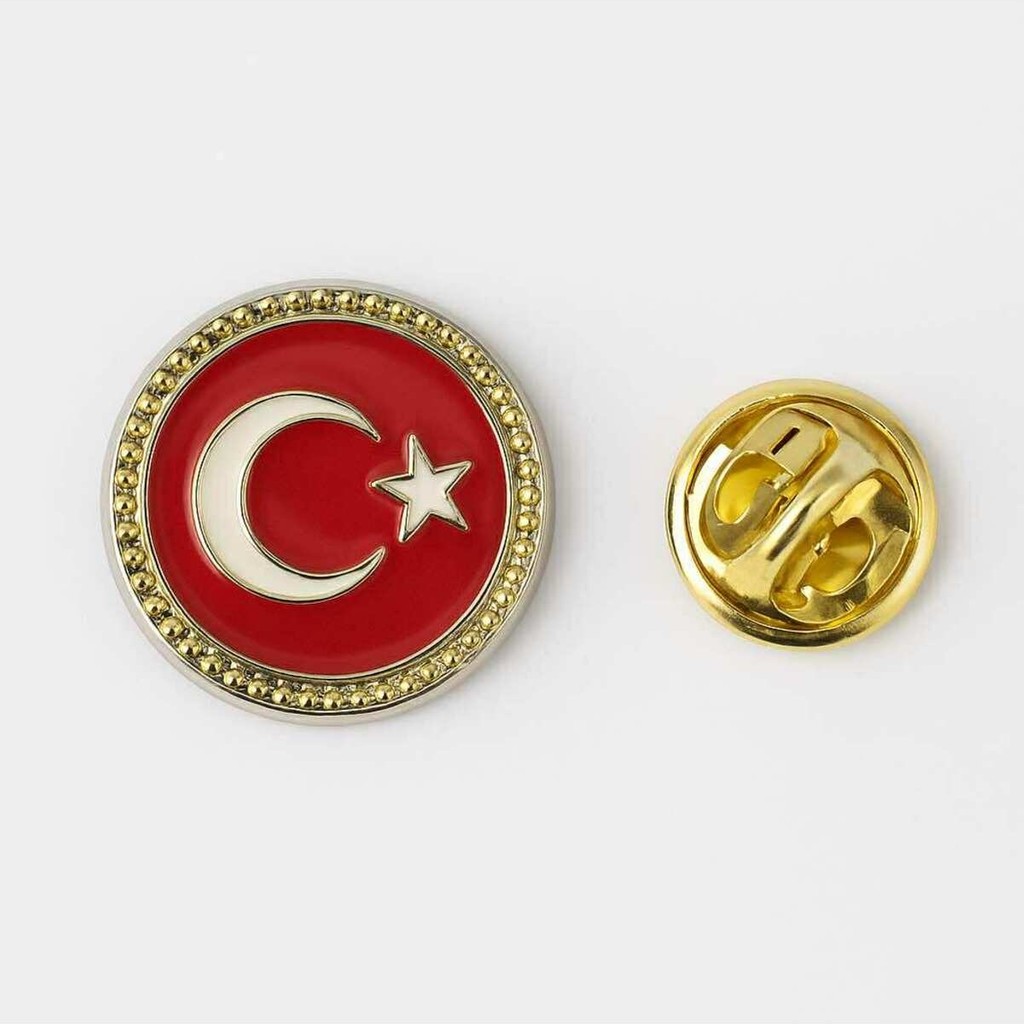 Herşey Nota Ay Yıldız Türk Bayrağı Yuvarlak Gold Rozet 2x2 cm | Parlak Metal Yaka Rozeti Rozet Fiyatı