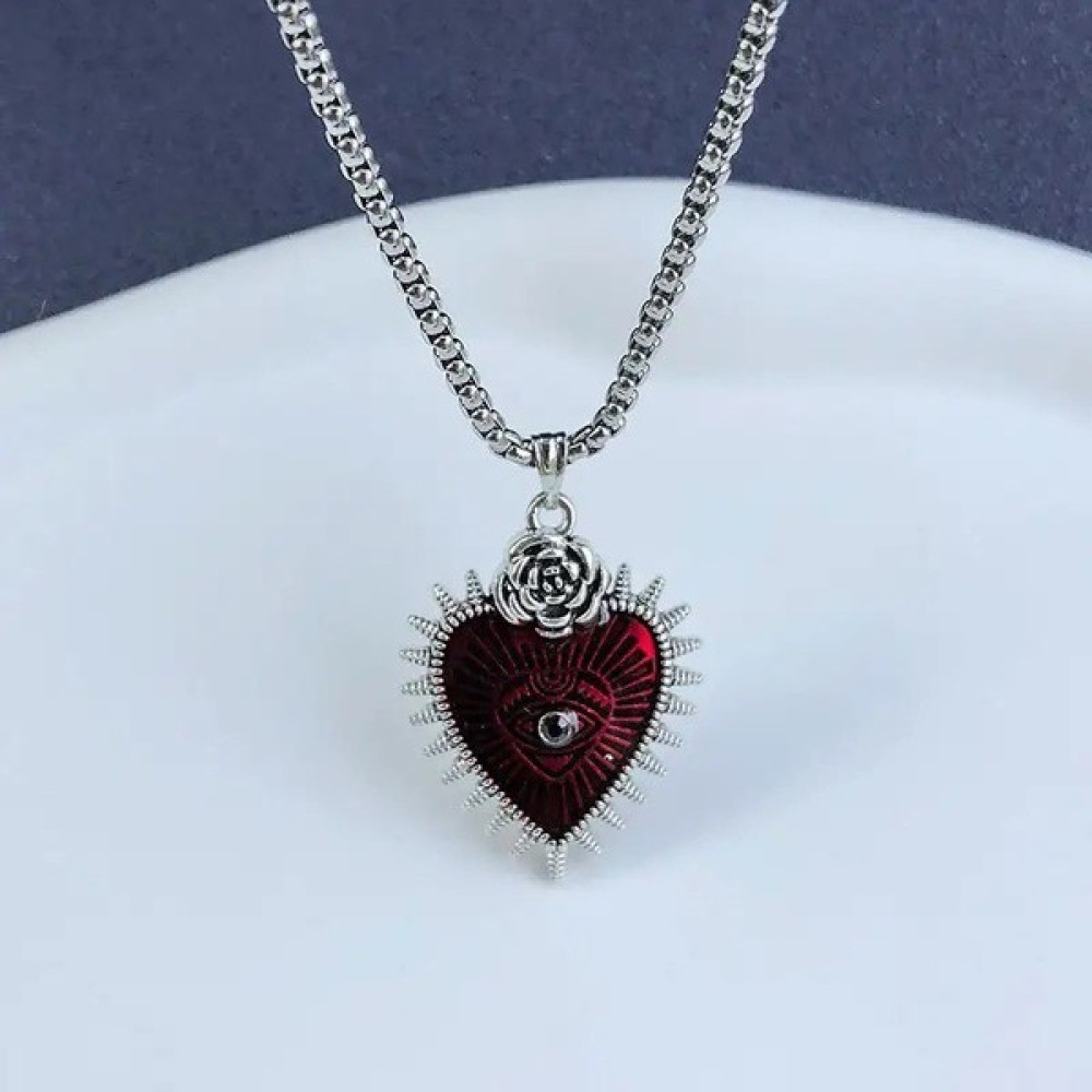 Herşey Nota Rose Eye Of Heart Gotik Kalp Paslanmaz Çelik Kolye Kırmızı Gümüş Kolye Fiyatı