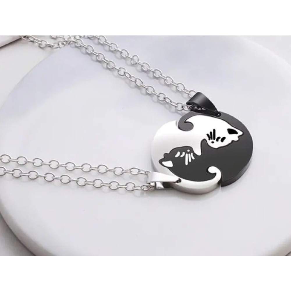Herşey Nota Yin-Yang Cats Kedi Ikili Sevgili Arkadaşlık Siyah Beyaz Kolye Yinyang - Gümüş - 60 cm Bijuteri Kolye Fiyatı