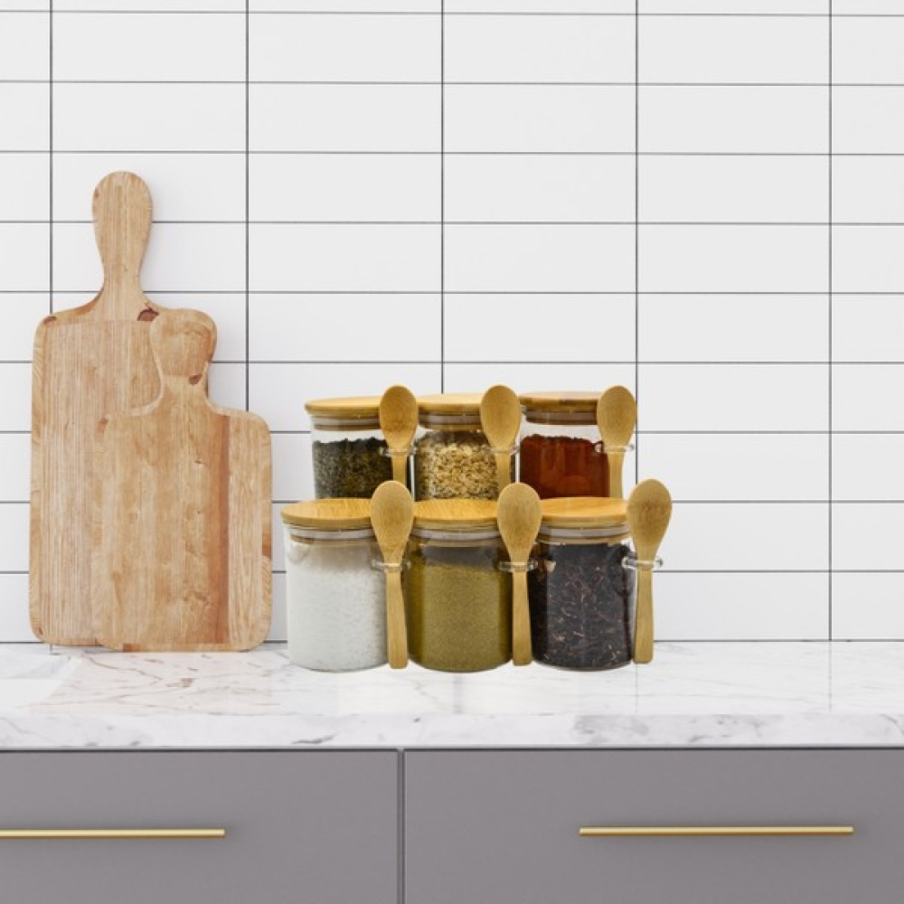 Hesaplı Köşe 6'lı Kaşıklı Bambu Kapaklı Vakumlu 320 ml Baharatlık Çerezlik Şekerlik Seti Baharat Setleri & Baharatlıklar Fiyatı