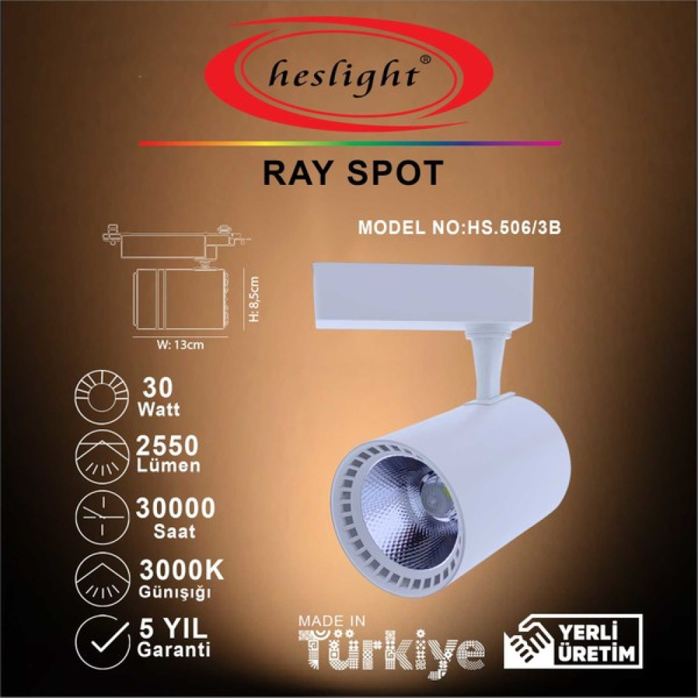 Heslight HS.506/3B 30W Cob LED Ray Spot Beyaz 3000K Günışığı Spot Fiyatı