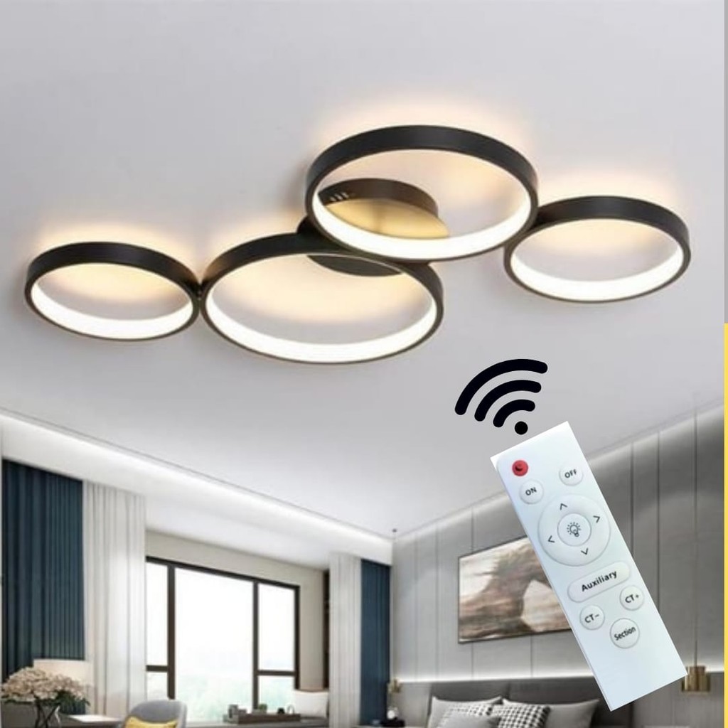 Hevsel Eskitme Gold Gövde, Kumandalı ve 3 Renk Işık, 4'lü Halka Plafonyer Led Avize - Eskitme - Gold Avize Fiyatı