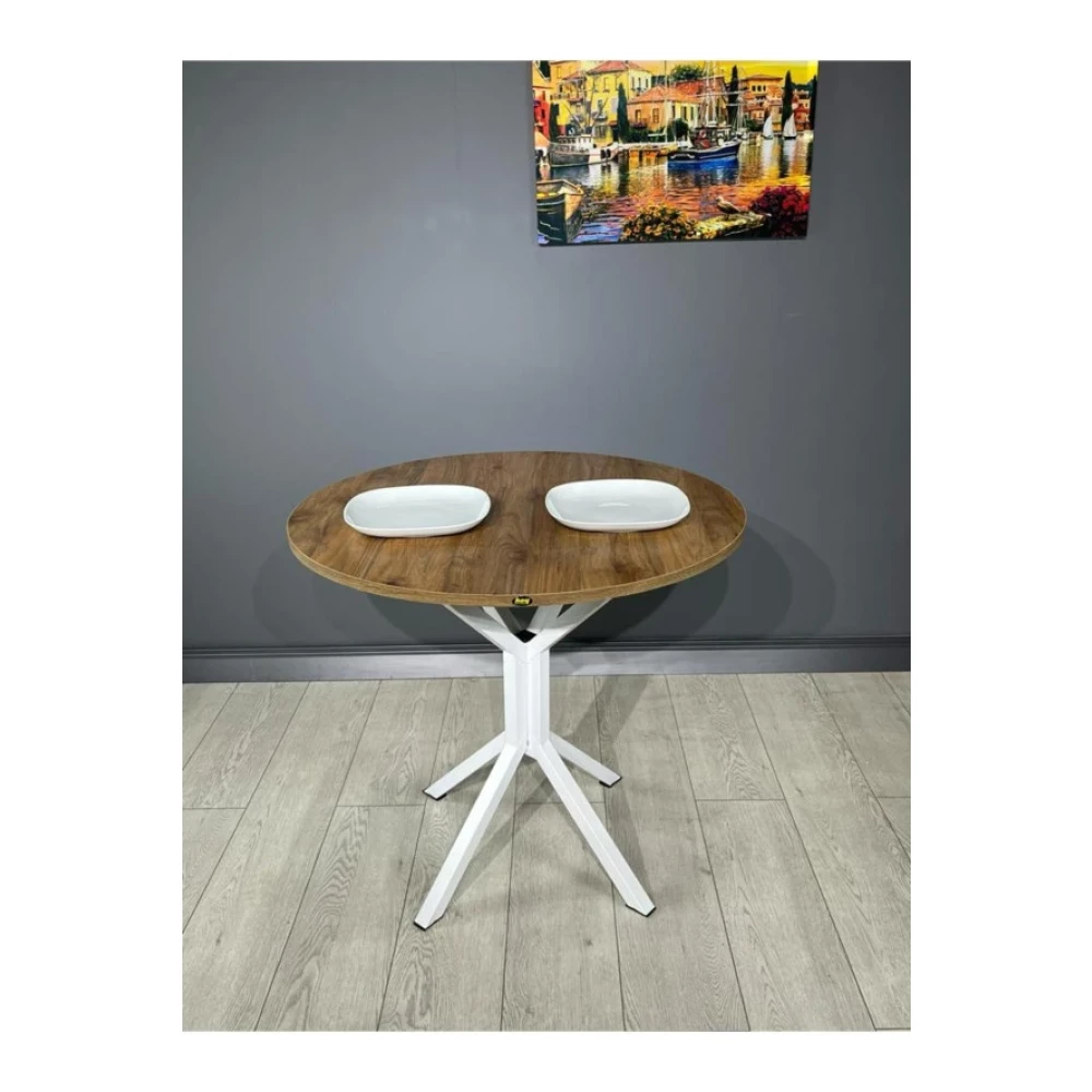 Hey Moduler Mobilya Saray Ceviz Beyaz Yuvarlak Mutfak Masasi Yemek Masasi Balkon Masasi Metal Beyaz Ayak 80 Cm Mutfak Dolabı / Mobilyası Fiyatı