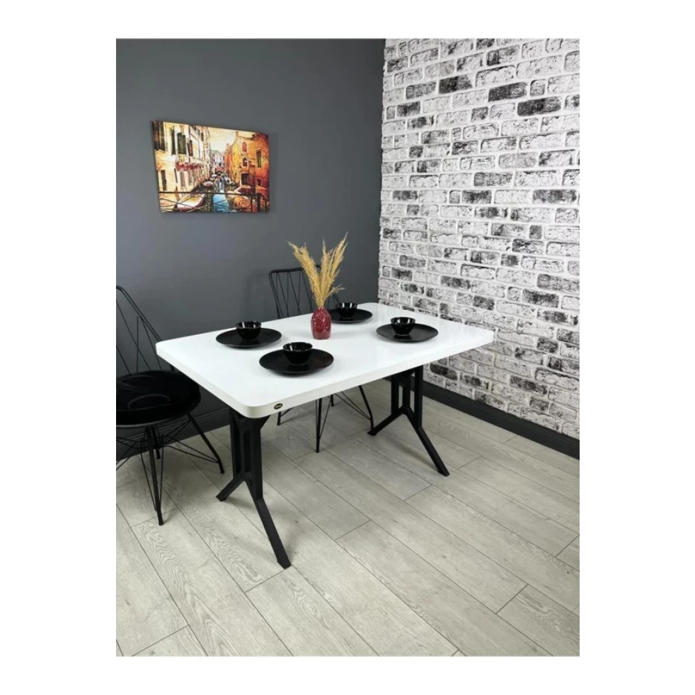 Hey Moduler Mobilya Sultan Beyaz Siyah Mutfak Yemek Masasi Balkon Masasi Kavisli Kose Metal Siyah Ayak 120*80 Cm Mutfak Dolabı / Mobilyası Fiyatı