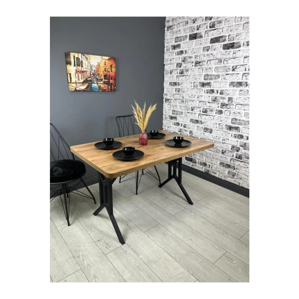 Hey Moduler Mobilya Sultan Ceviz Mutfak Yemek Masasi Balkon Masasi Kavisli Kose Metal Siyah Ayak 120*80 Cm Mutfak Dolabı / Mobilyası Fiyatı