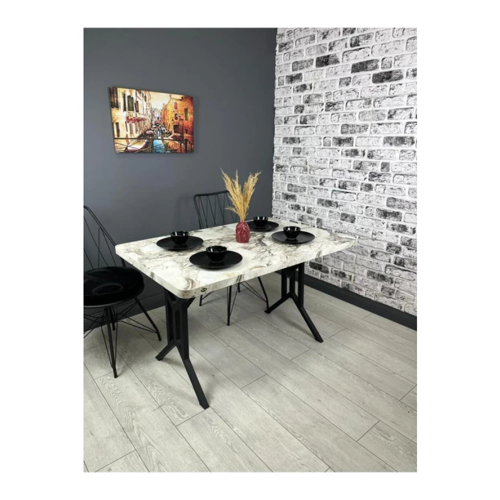 Hey Moduler Mobilya Sultan Efes Mermer Mutfak Yemek Masasi Balkon Masasi Kavisli Kose Metal Siyah Ayak 120*80 Cm Mutfak Dolabı / Mobilyası Fiyatı