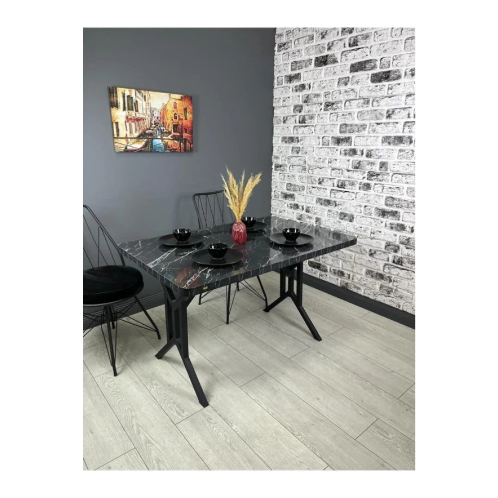 Hey Moduler Mobilya Sultan Siyah Mermer Mutfak Yemek Masasi Balkon Masasi Kavisli Kose Metal Siyah Ayak 120*80 Cm Mutfak Dolabı / Mobilyası Fiyatı