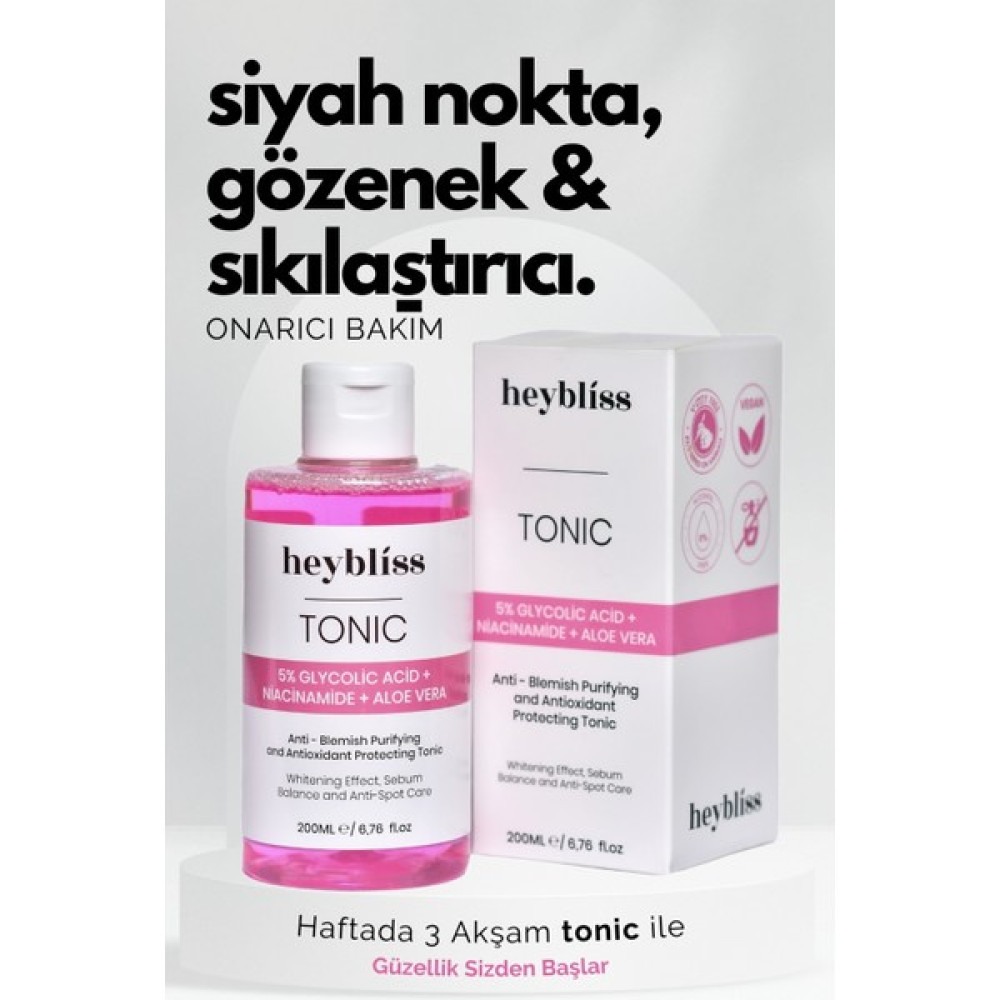 Heybliss Glikolik Asit İçerikli, Leke Karşıtı, Canlandırıcı & Gözenek Sıkılaştırıcı Tonik (5% Glycolic Acid + Niacinamide + Aloe Vera) 200 ml Cilt Temizleme ve Peeling Fiyatı