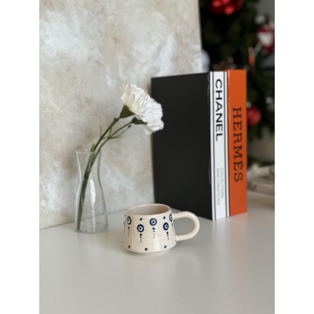 Heyna Damlalı Nazar Boncuğu Desenli El Yapımı Seramik Kupa Bardak Mug - Beyaz - 177 ml Fincan / Bardak / Kahve Takımı Fiyatı