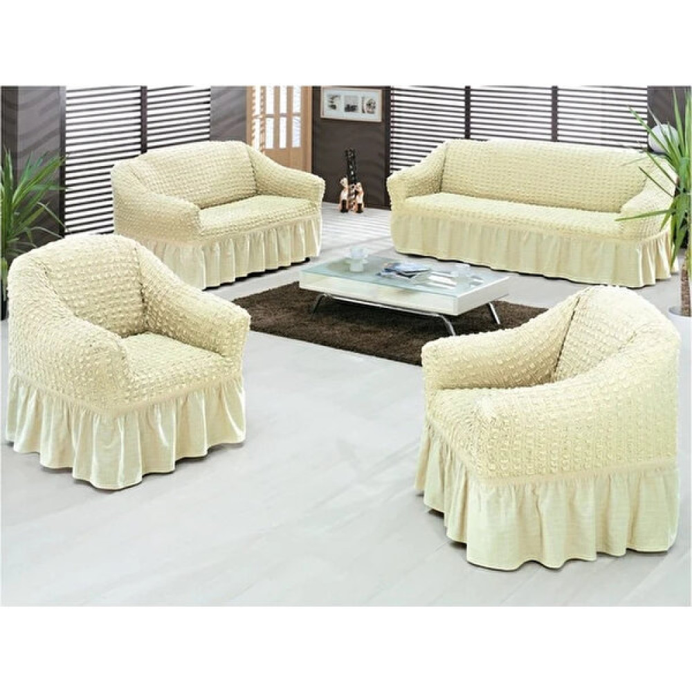 Heytgah Bürümcük Koltuk Kanepe Örtüsü Takımı Lastikli Etekli 3+3+1+1 Koltuk Örtüsü - Krem - 180 x 230 cm Koltuk & Kanepe Örtüsü Fiyatı