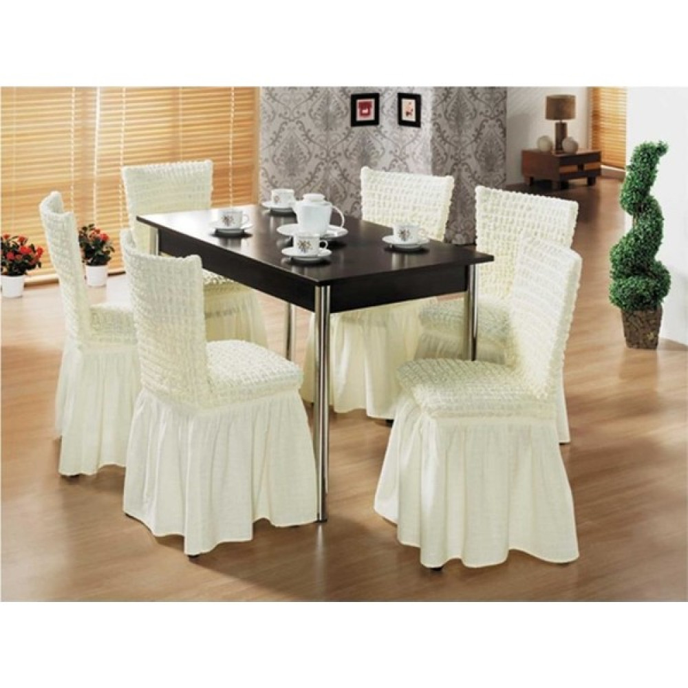 Heytgah Sandalye Kılıfı Likralı Bürümcük Etekli Lastikli Yıkanabilir Sandalye Örtüsü 6ADET Burumcuk Krem - 45 x 45 x 60 cm Koltuk & Kanepe Örtüsü Fiyatı