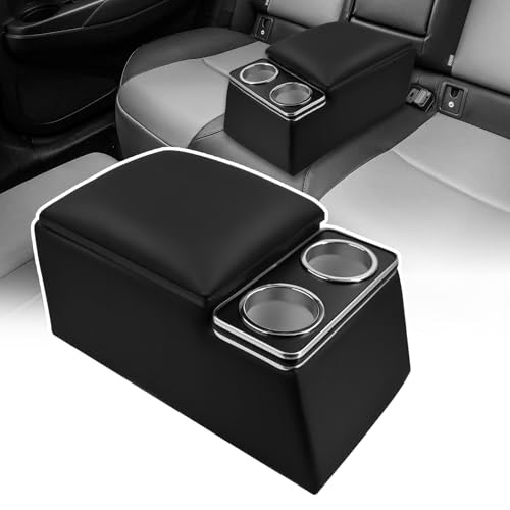 HHGKPVX Universal Truck Seat Organizer with Cup Holders, Rear Bench Seat Center Consoles with Armrest Middle Storage Box, Padded Top Lid for Armrest, Black