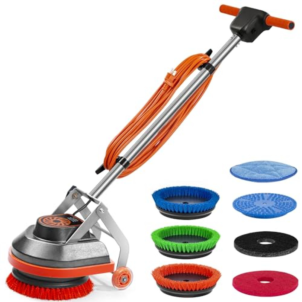 HHQ Commercial Floor Scrubber Machine with Brushes and Pads, Heavy Duty Floor Cleaner Buffer and Polisher- Deep Cleaning Tile and Grout, Hardwood Floors and Carpets Without Getting on Hands and Knees