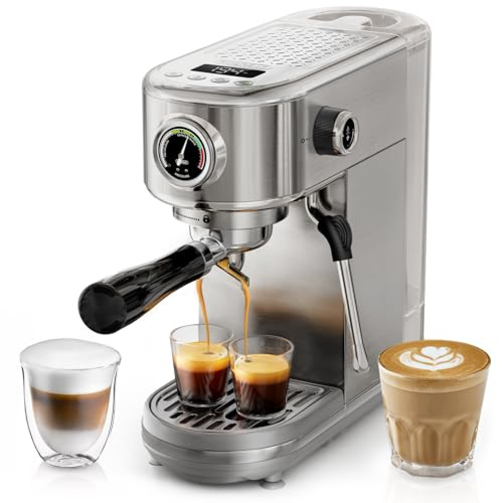 HIBREW H10B Programmable Espresso Machine, Brushed Stainless Steel, Adjustable Temperature and Cup Volume, Steam Wand for Milk Frother