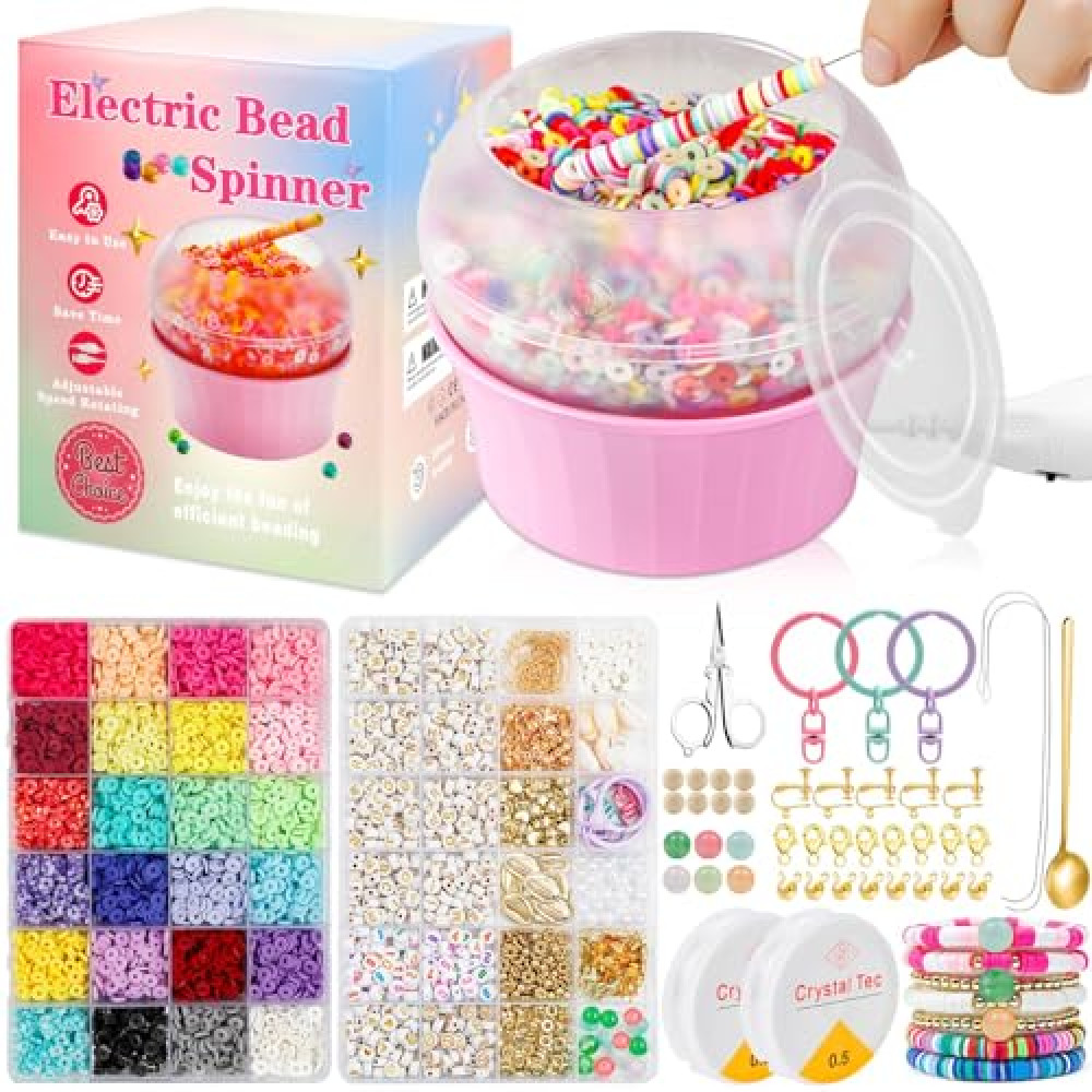 Hicdaw All-in-One Electric Bead Spinner with 7200 PCS Clay Beads for Necklaces and Bracelets, Efficient Jewelry Making Kit, Perfect Craft Gift for Teens Adults, Easy Operation, Quick Results, Pink
