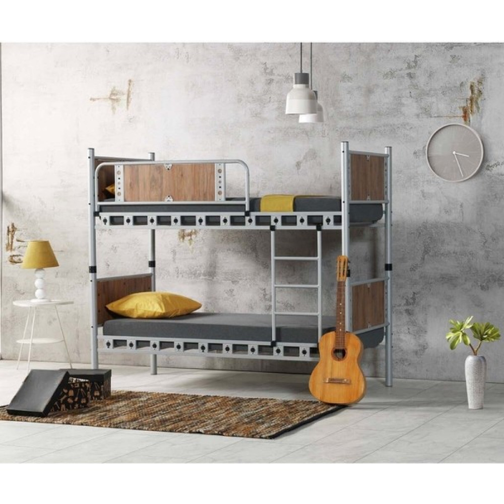 Hier Elegan Genç Çocuk Odası Ahşap Başlıklı Metal Ranza ve Karyola 90X200 Yatak Ölçülü - Gri - 90 x 200 cm Ranza Fiyatı