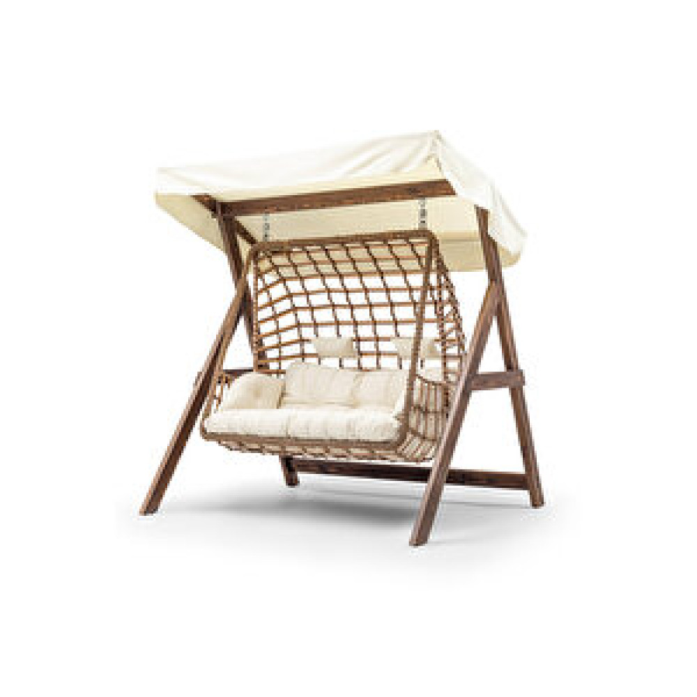 HİER Girne Swing Ahşap Rattan Salıncak Dış Mekan Bahçe Balkon Ve Teras Salıncağı Krem Bahçe Salıncağı Fiyatı