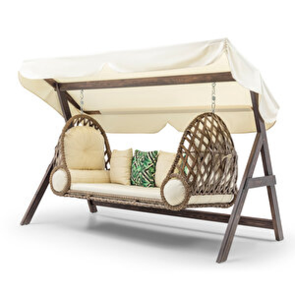 HİER Swing Saltanat Ahşap Rattan Salıncak Dış Mekan Bahçe Balkon Ve Teras Salıncağı Krem Bahçe Salıncağı Fiyatı