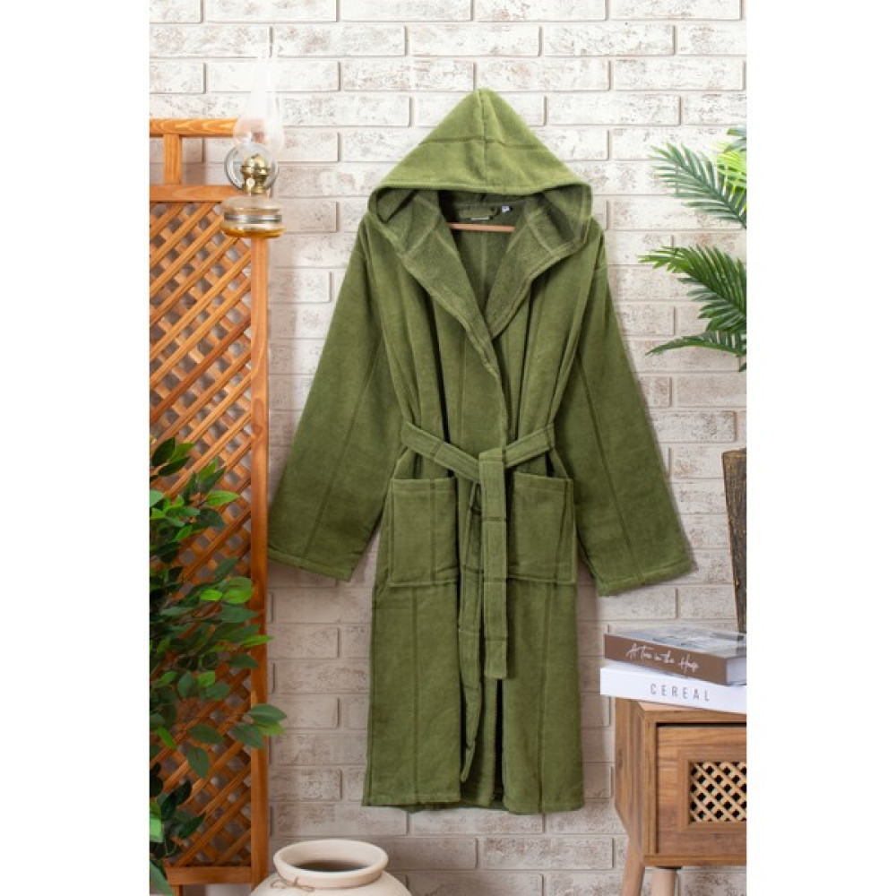 Hierapolis %100 Pamuk Kapşonlu Kadife Bornoz - Unisex Bornoz - Koyu Yeşil - S - M Bornoz Fiyatı
