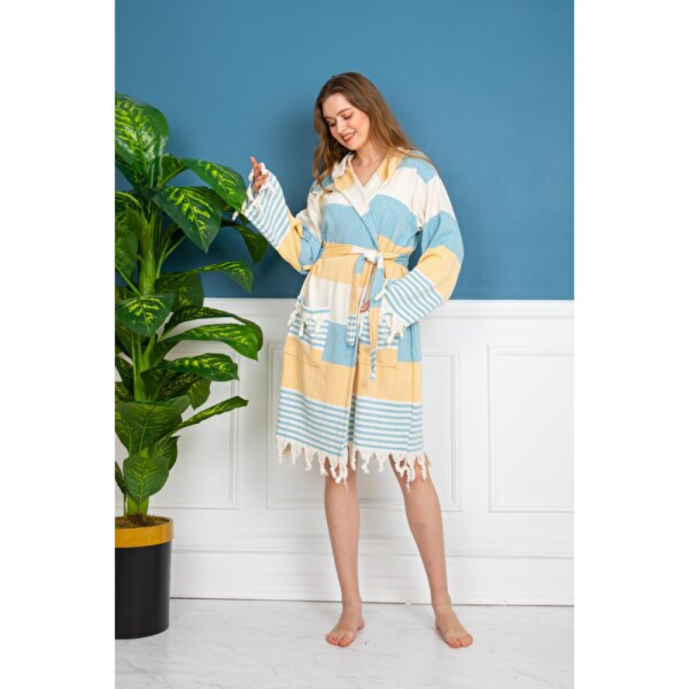 Hierapolis Home Tex Saçaklı Peştemal Bornoz - Sarı - Mavi - XL Bornoz Fiyatı
