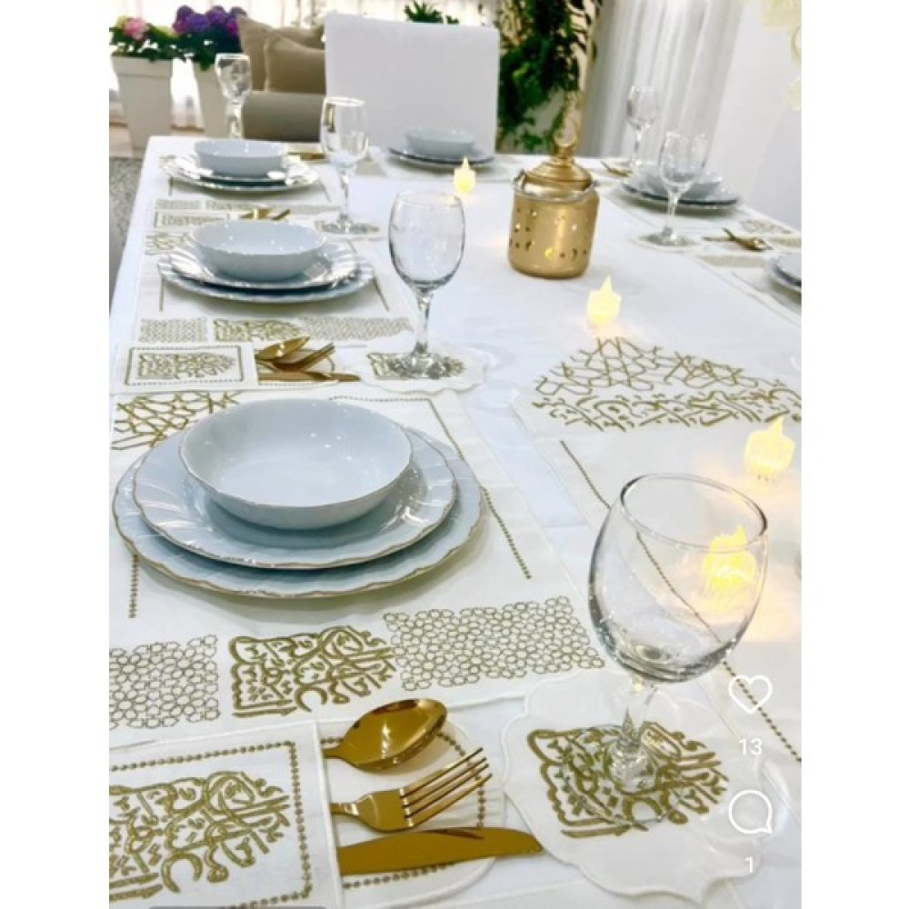 Hifa Arapça Yazılı Keten Amerikan Runner Servis Takımı8 Kişilik(25 Parça) - 10 x 30 cm - Beyaz - Gold Amerikan Servis Fiyatı