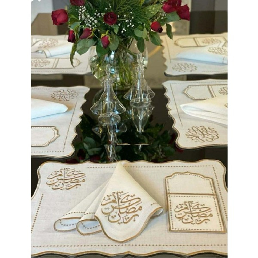 Hifa Arapça(Ramazan Mübarek)Yazılı Keten Amerikan Servis Takımı 8 KIŞILIK(24PARÇA) - 10 x 30 cm - Beyaz - Gold Amerikan Servis Fiyatı