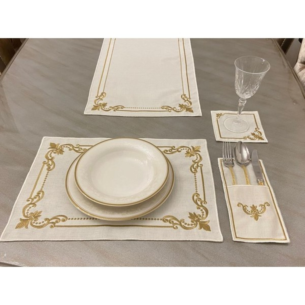 Hifa Keten Gold Işlemeli Amerikan Servis Runner Takımı 6 Kişilik(19 Parça) - Gold - Krem - 10 x 50 cm Masa Örtüsü Fiyatı