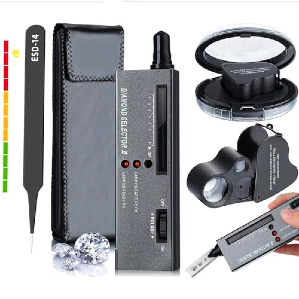 High Accuracy Diamond Tester Jewelry Diamond Detector Gem Diamond Tester Pen 30X 60X Illuminated Jewelry Eye Loupe Mini Led Foldable Magnifying Jewelry Distinguish Tool and Tweezers