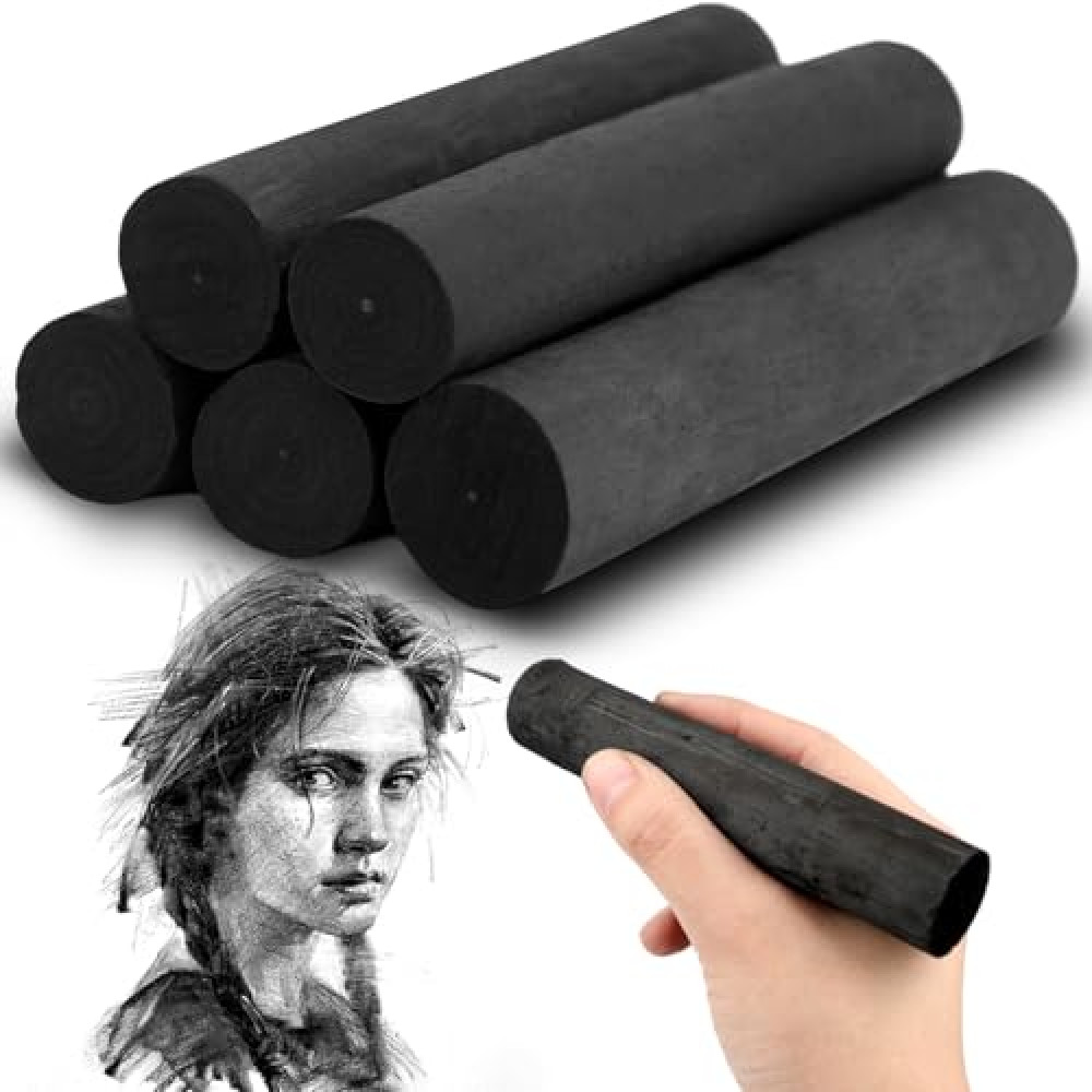 HIKIMA 5Pcs Jumbo Willow Charcoal Sticks, Large Soft Willow Charcoal Chunky, Basic Natural Charcoal for Sketching Artist Supplies