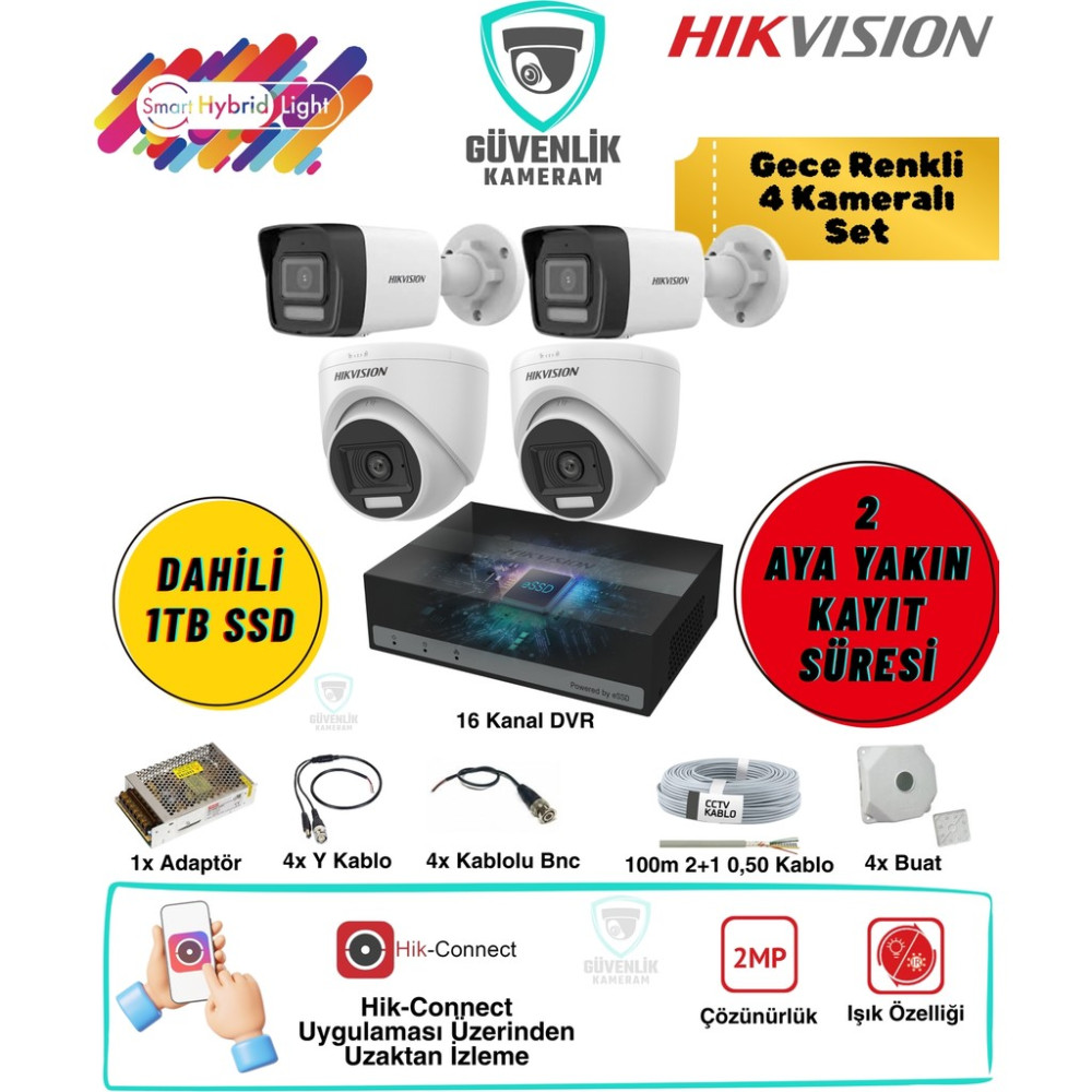 Hikvision 4 Kameralı Gece Renkli Güvenlik Seti 2mp 1tb SSD 16 Kanal Dvr 2 Iç 2 Dış Mekan Güvenlik Kameraları Fiyatı
