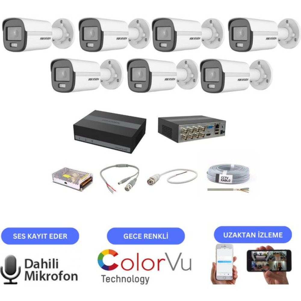 Hikvision 7 Kameralı Dahili Mikrofonlu 7/24 Renlkli Görüşlü Kamera Seti Oto Boyaları Fiyatı