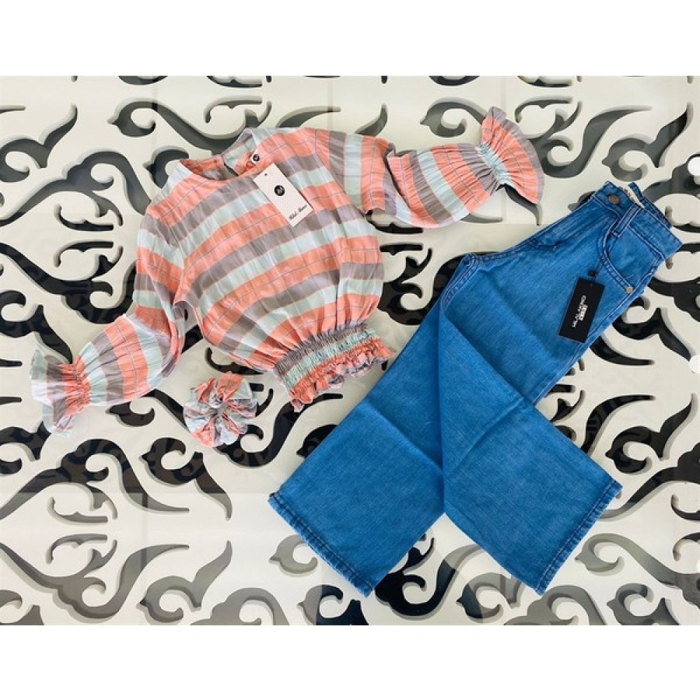 Hilal Akıncı Kids Kız Çocuk Kolları ve Beli Gipeli Gömlek Geniş Paça Kot Pantolon Toka 3'lü Takım Kız Çocuk Giyim Takımı Fiyatı