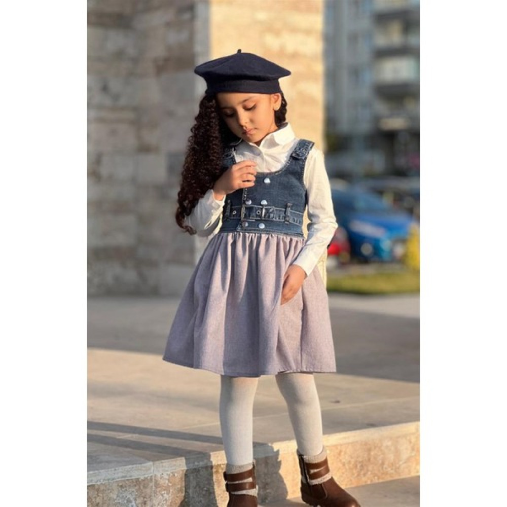 Hilal Akıncı Kids Kız Çocuk Üstü Kot Yelekli Jileli Salopet Elbise Kız Çocuk Elbise Fiyatı