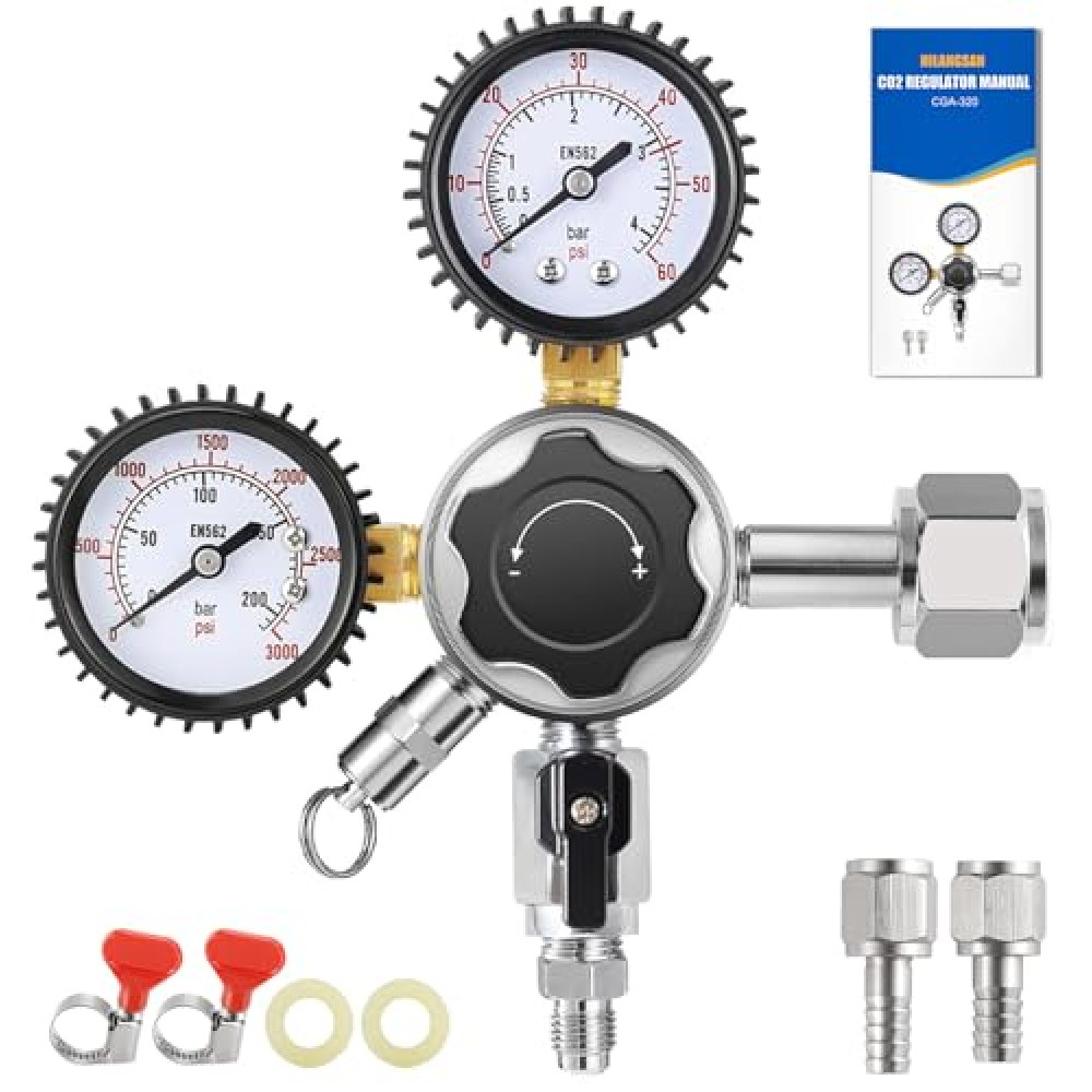 Hilangsan CO2 Regulator for Kegerator CO2 Regulator Beer Keg Regulator CO2 Kegerator Regulator CGA-320 Co2 Tank Regulator Dual Stage CO2 Regulator Kegerator Parts Draft beer Regulator Gauges