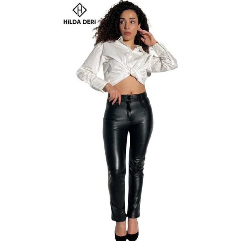 Hilda Deri Jean Model Cepli Siyah Deri Pantolon Aster Kadın Pantolon Fiyatı