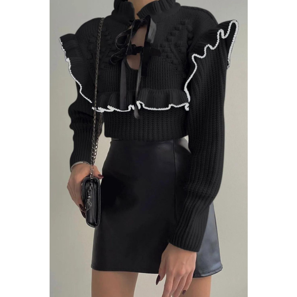 hillswomanstore Kadın Siyah Fırfırlı Detay Selanik Örgü Kazak STD Beden Bayan Kazak & Süveter & Triko Fiyatı